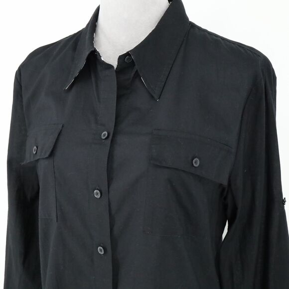 Jones NY Top Womens Large Black Cotton Shirt Semi Sheer Pockets Blouse Preppy - Picture 6 of 16